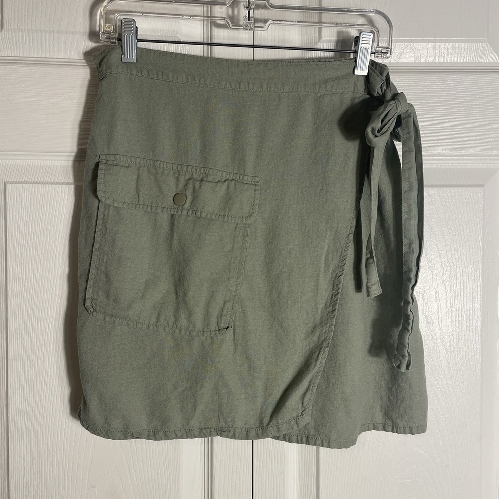 Rachel Roy Faux Wrap Cargo Skirt Women M Green Linen Rayon Blend Pocket Tied